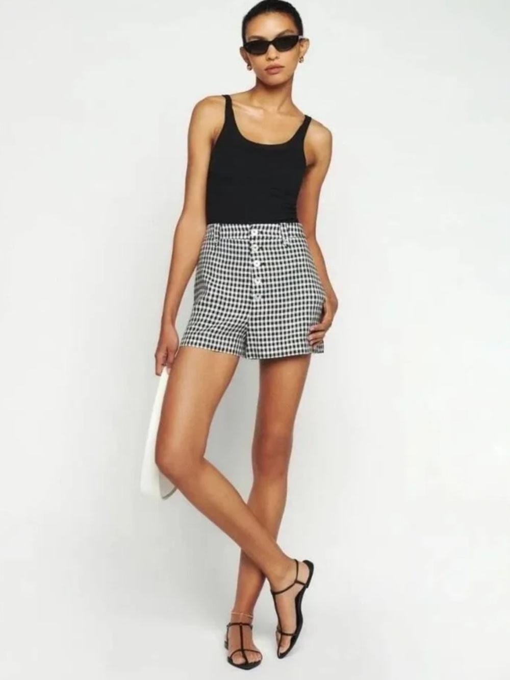 Reformation Linen Shorts Size 8 Grayson Black White Striped Button Pockets